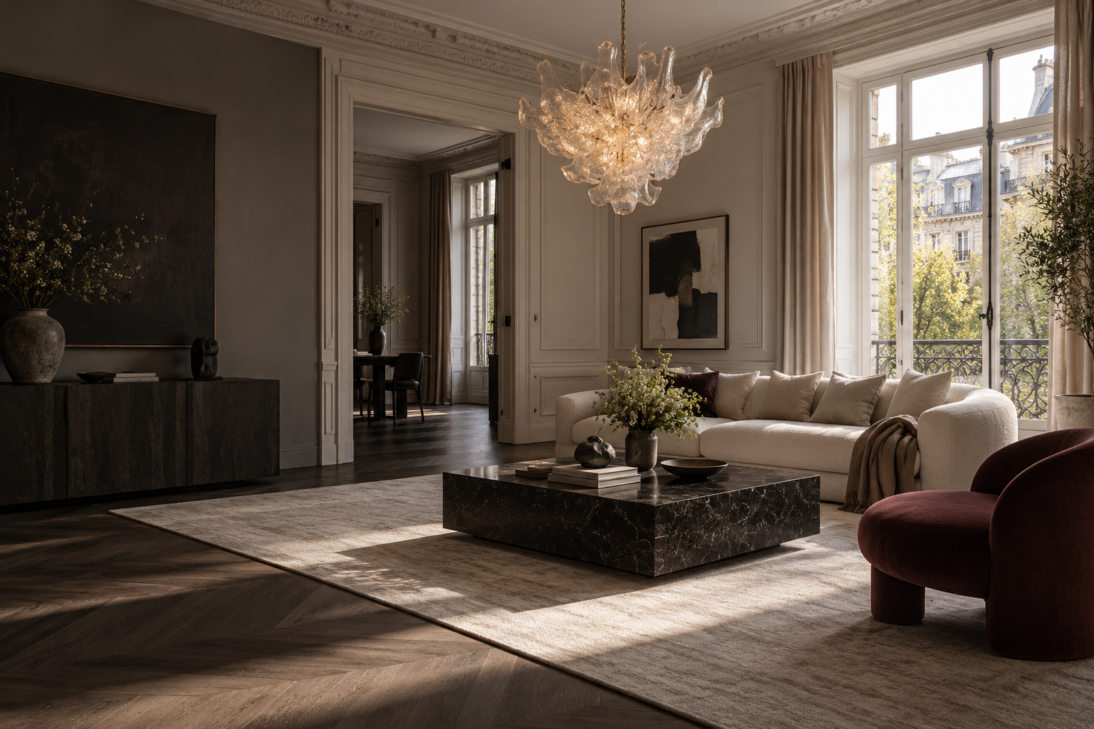 Refined Modern Parisian living room with sculptural lighting and stone details