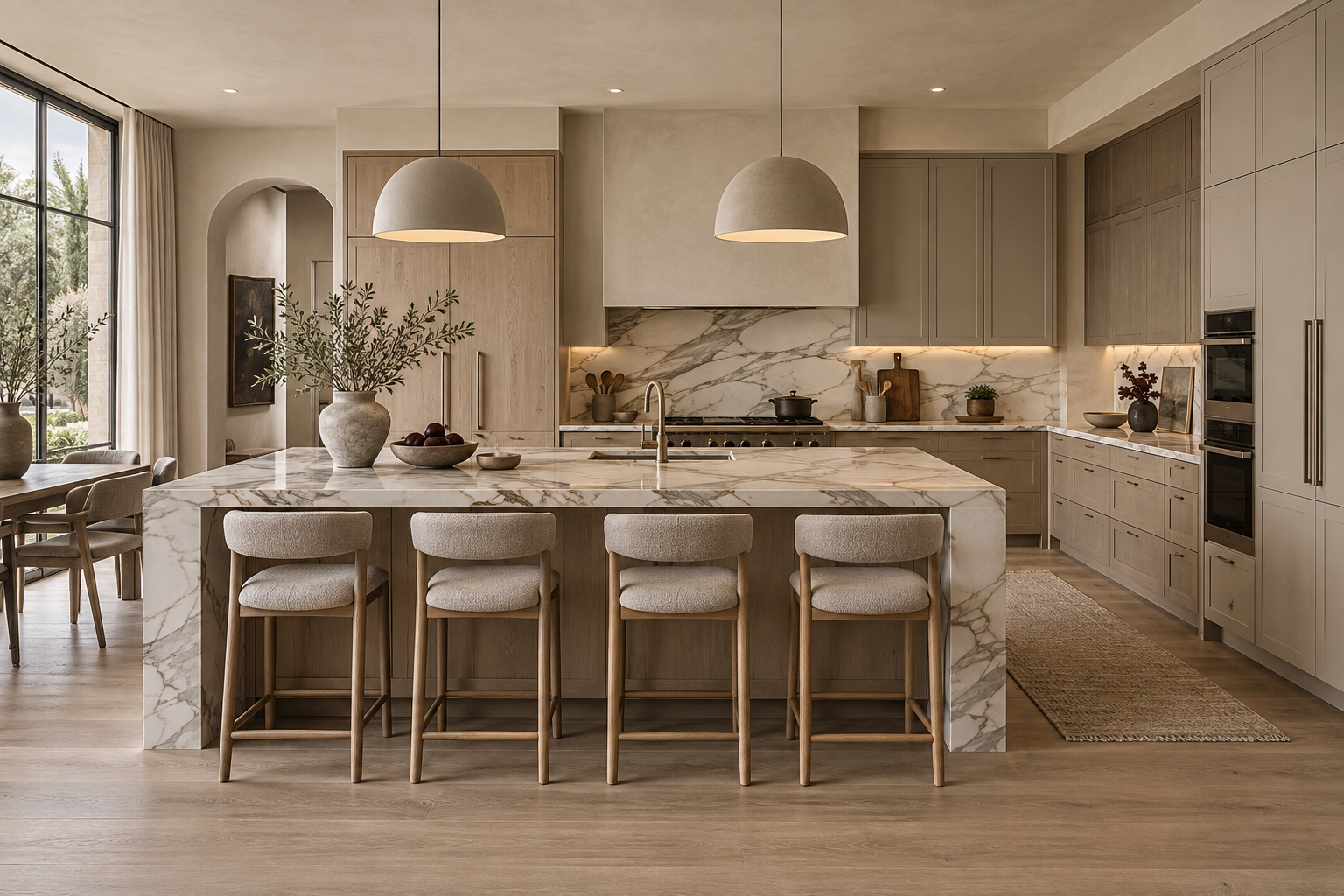 Light oak and greige two-tone kitchen with natural stone surfaces