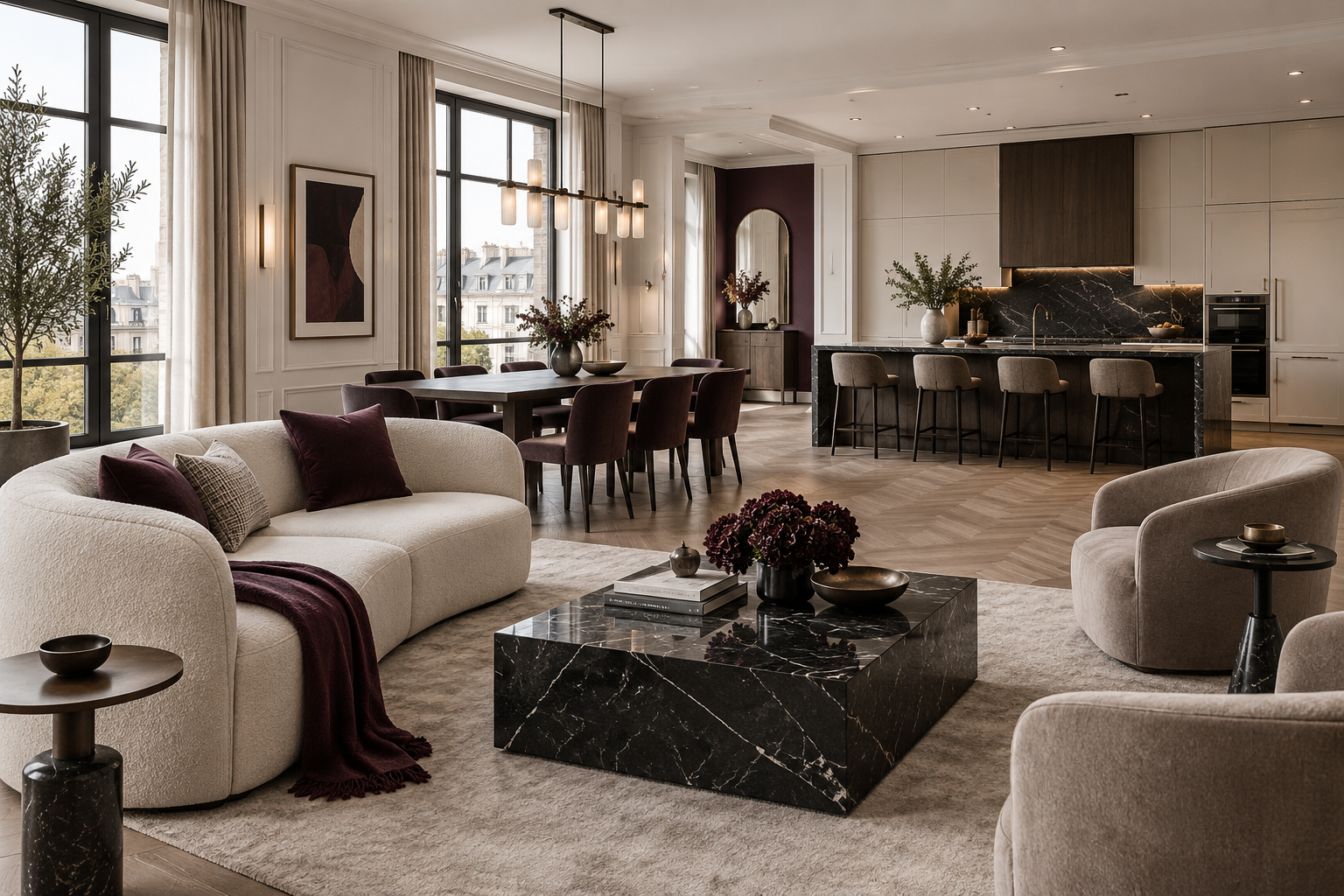 Open-plan living, dining, and kitchen interior with sculptural furnishings